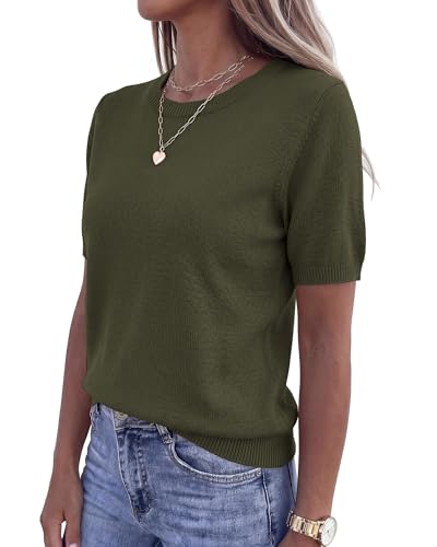 BTFBM Women's Short Sleeve Sweaters 2026 Summer Crew Neck Knit Work Shirts Business Casual Tops Basic Fall Fashion Clothing(Army Green, Large) — view 5