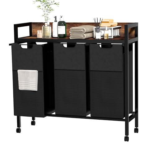 Serxis Laundry Sorter 3 Section,360°Rolling Laundry Basket,3 Pull-Out and Removable Oxford Fabric Laundry Bags(144L),Rustic Brown and Black