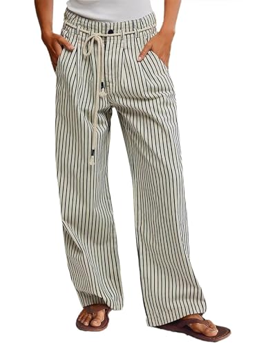 Flamingals Straight Leg Jeans for Women Trendy Mid Rise Striped Drawstring Pleated Casual Pants