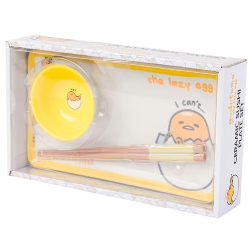 Image of Silver Buffalo Sanrio Hello Kitty and Friends Gudetama Lazy Egg Sigh Yellow Ceramic Sushi Set with Dipping Sauce Dish and Matching Chopsticks
