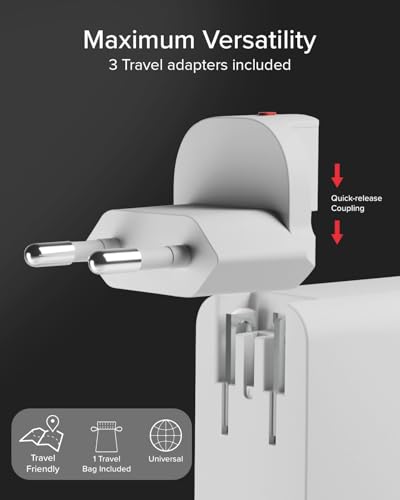 SBS Travel Adapter USB-C 100W, Ładowarka Podróżna ze Wtykami US/UK/EU/AU, Konwerter Adapter 4 porty USB, Power Delivery (PD), Szybkie Ładowanie do iPhone, Android, MacBook i Notebook, Biały