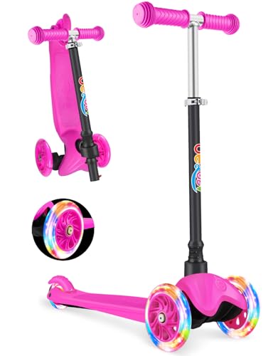 BELEEV A2 Scooter Roller Kinder 2-6 Jahre, 3 Räder Kinderroller mit LED Leuchtende Räder, 4 Höhenverstellbare, Rutschfestes Deck, Lean to Steer, Roller Kinder 2 Jahre Mädchen Jungen Geschenk