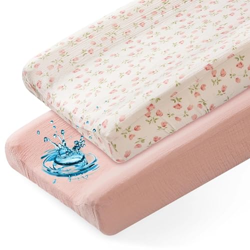 Image of Basumee Muslin Changing Pad Cover Waterproof 2 Pack Baby Changing Table Covers for Boys and Girls Soft Breathable Nursery Diaper Change Table Cover Pad Fits 32"x16", Pink