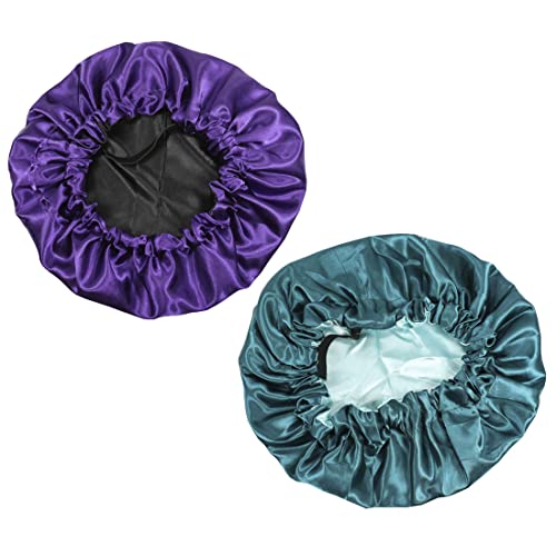 2 Pieces Satin Bonnet Sleep Cap Adjustable Double Layer Night Sleeping Head Cover for Womens Hair Bonnet, Extra Large, Dark Green & Purple