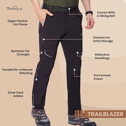 Image of TRIPOLE Trailblazer Trekking and Hiking Pants and Cargo for Outdoors and Travelling (in, Alpha, L, Regular, Full Black)