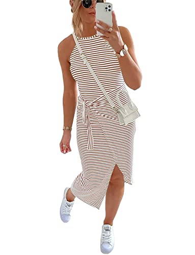 Image of NOLLSOM Women Casual Sleeveless Striped Tank Midi Dresses Halter Neck Ruched Bodycon Dresses Tie Waist T Shirt Summer Dress