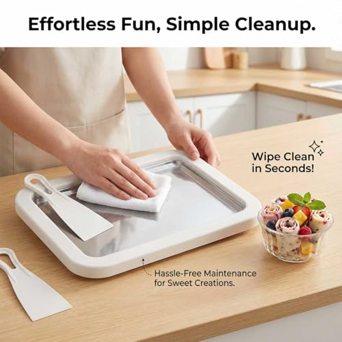 Image of Rolled Ice Cream Maker Kit, DIY Ice Cream Roll Tray with 2 Scrapers, No Electricity Required, Stainless Steel Freezing Plate for Rolled Ice Cream, Frozen Yogurt, Sorbet (White)