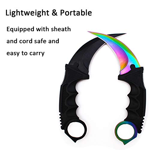 WeTop Karambit Knife, Set of 2, CS-GO for Hunting Camping Fishing Self Defenses and Field Survival, Stainless Steel Fixed Blade Tactical Knife with Sheath and Cord (Black+Rainbow).