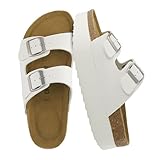 Korkfußbett - sehr flexibel CUSHIONAIRE Bequeme Plateau-Sandalen für Damen mit doppelten Schnallenriemen und echtem Wildleder-Fußbett für Damen 2025, breite Breiten erhältlich, Weiße Nappa, 42 EU