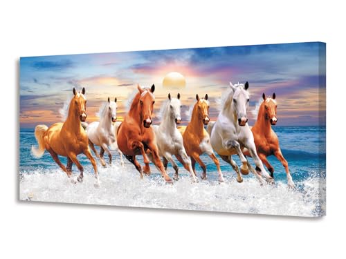 Aibonnly Wall Art Canvas Painting Horses Running Blue Sky 1 Piece Seven Horses in The Water Sunset Background Picture Poster Print Framed and Stretched Ready to Hang for Living Room Bedroom