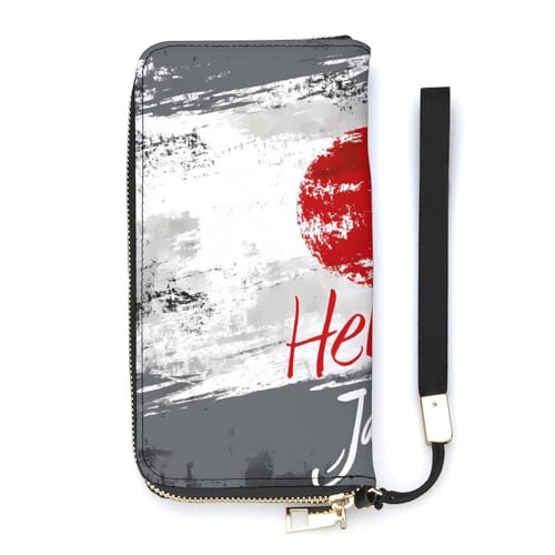 Japanese Flag Hello Japan Women's Leather Clutch Wallet with Zip Card Holder Hand Strap Large Capacity
