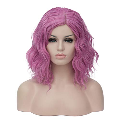 Mildiso Pink Wigs for Women Short Bob Wavy Heat Resistant Synthetic Soft Full Hair Wig, 14’’ Shoulder Length Cute Rose Pink Wig for Party Cosplay Daily Use with Comfortable Wig Cap M056PK