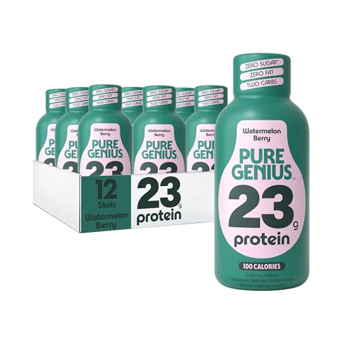 Pure Genius 23g Protein Shot Drink | 100 Calories No Sugar Whey & Collagen No Fat Gluten Free Keto Friendly No Artificial Flavors or Sweeteners TSA Size 3.38 Fl Oz Watermelon Berry (12 Pack)
