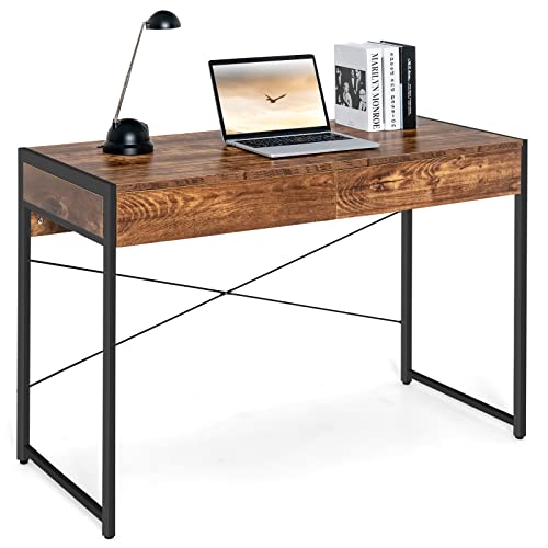 COSTWAY Escritorio con 2 Cajones Mesa de Ordenador con Marco de Acero Mesa de Trabjo para Hogar Oficina 112x48x76centímetros (marrón)