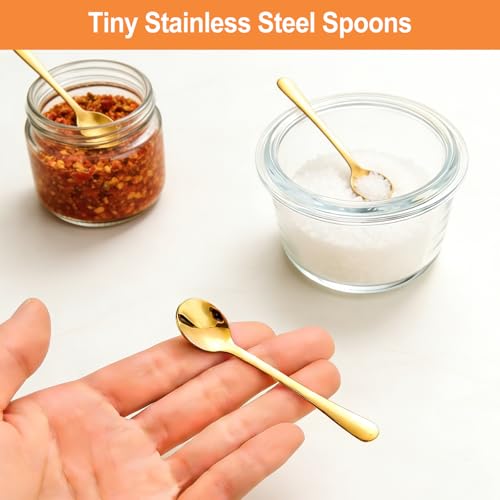 8 Stück Kleine Edelstahllöffel für Gewürzgläser, 7,5 x 1,6 cm Tiny Edelstahl Löffel Für Gewürzgläser, Espressolöffel Mini, Cute Small Edelstahl Kaffeelöffel Set, für Salz, Zucker, Gewürze(Gold)