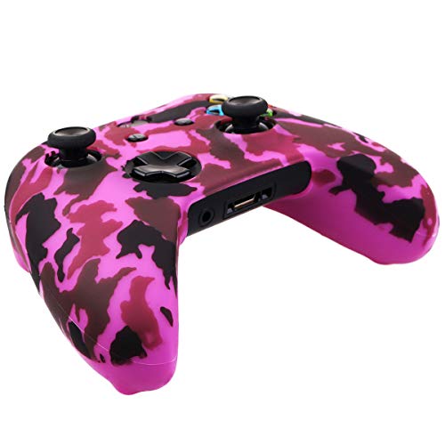 Image of YoRHa Water Transfer Printing Camouflage Silicone Cover Skin Case for Microsoft Xbox One X & Xbox One S Controller x 1(Dark Pink) with PRO Thumb Grips x 8