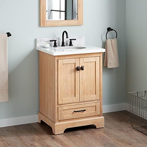 Signature Hardware 483341 Quen 24" Free Standing Single Basin Vanity Set with Cabinet, Vanity Top, and Undermount Sink - 3 Faucet Holes - Driftwood Brown/Carrara Marble