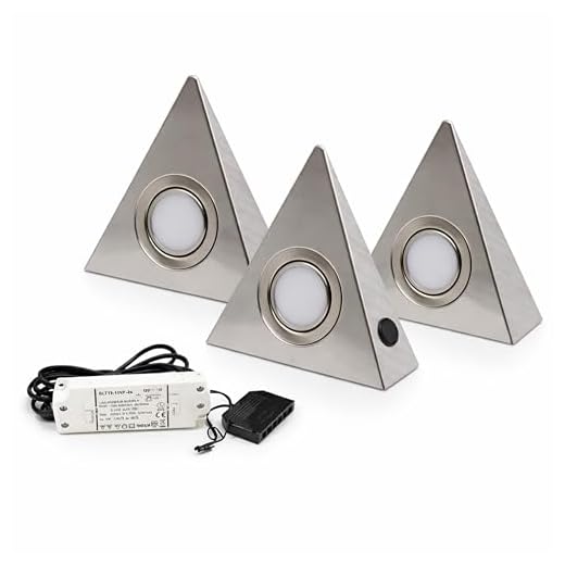 vislux 3er Set LED Dreieckleuchte Unterbauleuchte Küchenleuchte EDELSTAHL 3x3W Warmweiß 3000K mit Zentralschalter