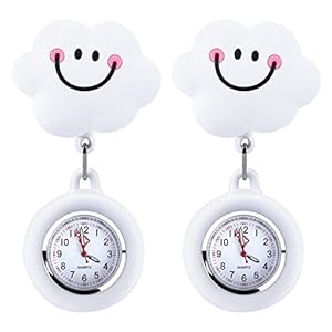 Vegena Verpleegsterhorloges, 2 stuks, verpleegsterhorloge, wit, wolken, zakhorloge, siliconen hoesjes, zusterhorloge, fob, zakhorloges, wijzers, verzorgingsklok met clip voor dames en heren, verpleegkundige dokter, wit