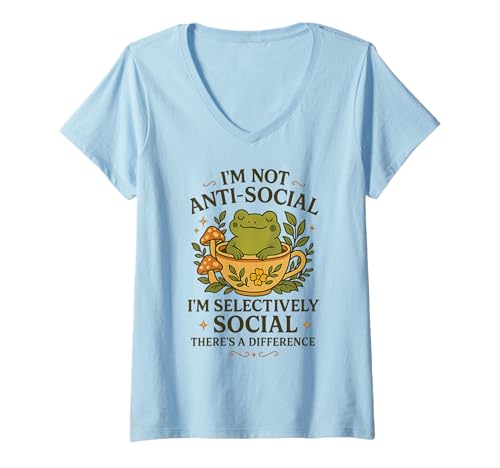 Mujer No Soy Antisocial Selectivamente Social Lindo Sarcasmo de Rana Camiseta Cuello V