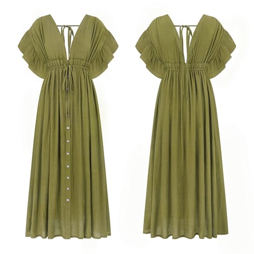 Image of R.Vivimos Maxi Dresses for Women 2026 Summer Short Sleeve V Neck Drawstring Tie Boho Loose Flowy Long Dresses with Pockets