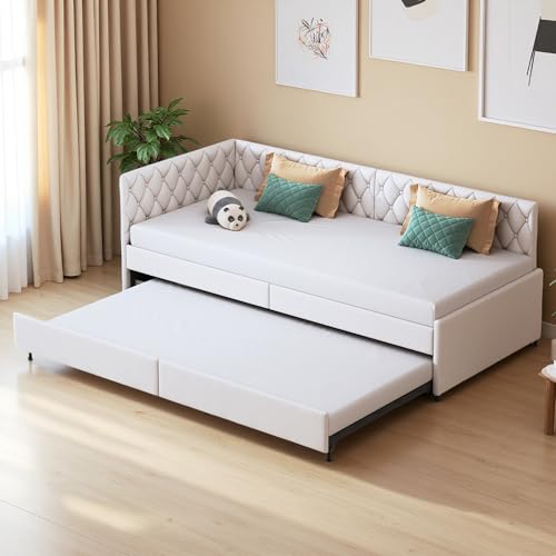 UTTQEW Divano letto matrimoniale 90/180 x 200 cm, letto matrimoniale con rete a listelli, divano letto imbottito con funzione sonno, senza materasso, in velluto, beige