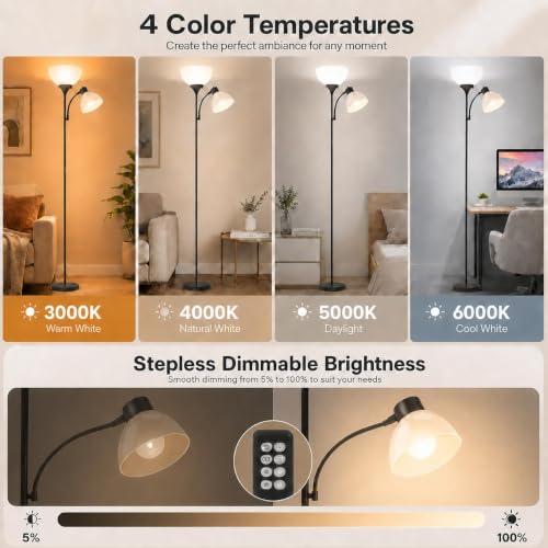 GERGO Torchiere Floor Lamp with Remote Control and Adjustable Reading Light - Image 2