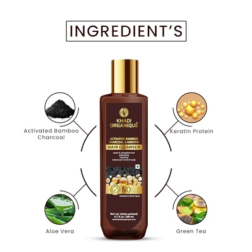 Image of Khadi Organique Activated Bamboo Charcoal & Keratin Hair Shampoo | Herbal Cleanser with Botanical Extracts | Repairs Damaged Hair, Reduces Scalp Build-up | SLS & Paraben Free - 200ml (Pack of 1)