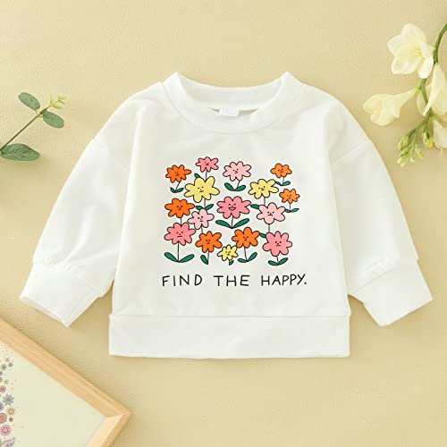 Moletom infantil de manga comprida para meninas com estampa de flores e letras de desenhos animados