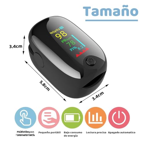 Pulsioxímetro Profesional, Oxímetro de Dedo Digital con Pantalla LED para Medición de SpO2, Medidor del Nivel de Oxígeno en Sangre con Lectura Instantánea y Saturación de Oxígeno, Negro - imagen 2