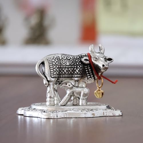 Image of KridayKraft Kamdhenu Cow with Calf Metal Rajasthani Handicrafts Decorative Showpiece for Gifting Anniversary Valentine's Day (Silver)