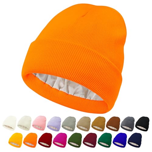 Unisex Satin Lined Beanie Silk Lined Beanie Warm Winter Hat Knit Hat Slouchy Beanie Hat for Women Men Orange