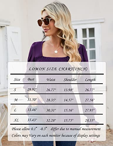 Lomon Puff Long Sleeve Tunic Tops For Women Ladies Retro Square Neck Smocked Blouse Top (Purple, M) #TOP5