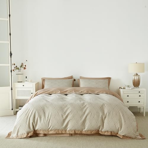 SUSYBAO Taupe Striped Duvet Cover King 100% Cotton 3 Pcs