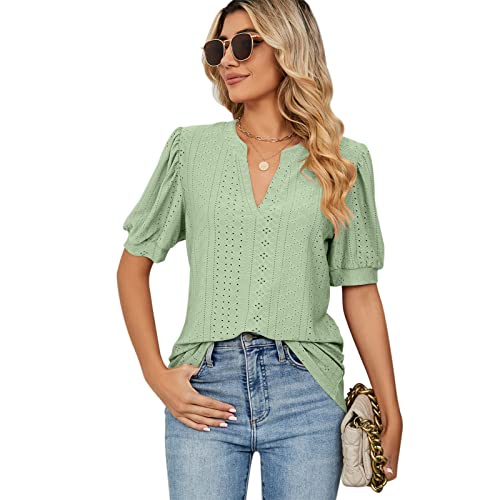 EDOTON Damen Tshirt Kurzarm Bluse V Ausschnitt Casual Sommer Solide Hohle Blase Ärmel Lose Tops Tuniken für Damen (XL,Hellgrün)
