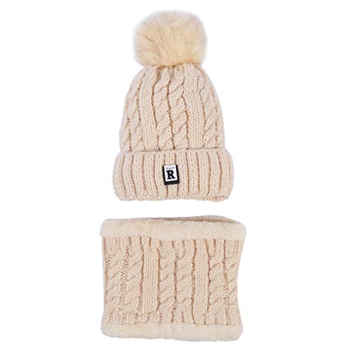 TININNA Sombrero y Bufanda Mujer Invierno, Caliente Gorras con Scarf de Lana de Punto de Esquiar para Chicas-Beige