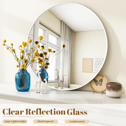 Image of VooBang White Round Bathroom Mirror, 24 inch Circle Wall Mounted Hanging Mirror with Simple Modern Circular Metal Frame for Hallway, Entryway, Living Room, White Frame