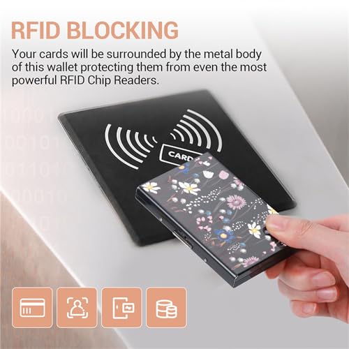 RFID Blocking Credit Card Holder, Slim Metal Credit Card Wallet, with 6 Separate Card Slots, for Women and Men.(6 Slots/Black/Flower)3