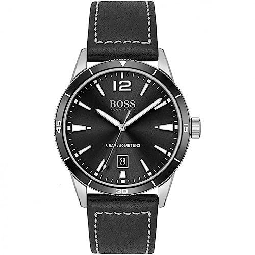 Image of BOSS Hugo Leather Drifter Analog Men's Watch - 1570125 (Black Dial Black Colored Strap)