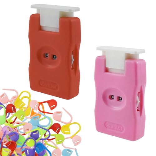 MARRTEUM 2 Pcs Knitting Counter & 50 Pcs Crochet Stitch Locking Markers, Hand Tally Knitting Crochet Needle Stitch Row Counter Clicker Marker for Knitting, Sewing, Stitching, Weaving (Red, Pink)
