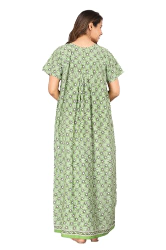 Image of Kuruti B Sheets Cotton Nighty for Women Jaipuri Print 2 Button Round Neck Short Sleeve Night Gown | Maxi Dress