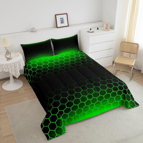 Image of Feelyou Green Black Ombre Honeycomb Comforter King Size for Boys Girls, Geometrics Hexagon Comforter Set Abstract Green and Black Bedding Set Hexagonal Duvet Set Microfiber Bed Set