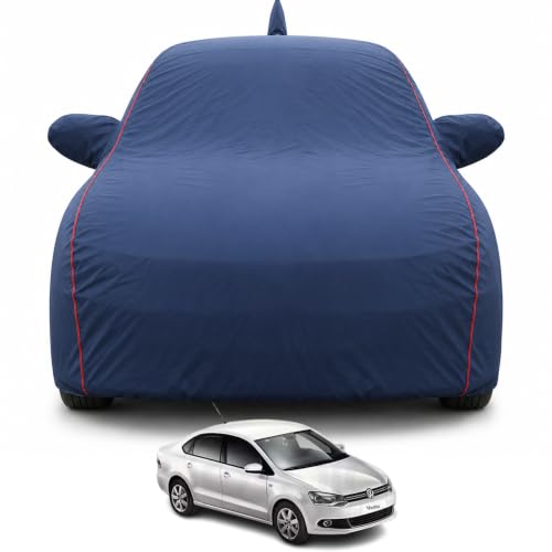 Image of Premium Car Cover for Volkswagen Vento (2010-2016) | 100% Waterproof, UV & Dustproof | Soft Inner Lining, Mirror & Antenna Pockets | Triple Stitched, Belt & Buckle | Navy Blue