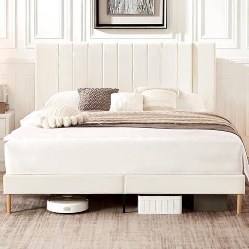 Flolinda Queen Size Velvet Bed Frame with Headboard & Slats