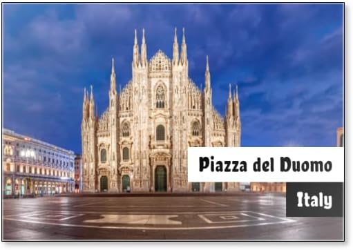 Panoramic View of Piazza Del Duomo, Cathedral Square, with Milan Cathedral or Duomo Di Milano, Galleria Vittorio Emanuele II and Arengario, During Morning Blue Hour, Milan, Lombardia, Fridge Magnet