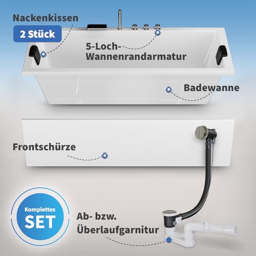 AQUADE Acryl Badewanne 180x80 Modell: Ulm - Weiß Badewanne Komplettset 180x80 - Badewannen mit Wannenfüßen + Schürze + Wannenrandarmatur + Nackenkissen – Bild 4