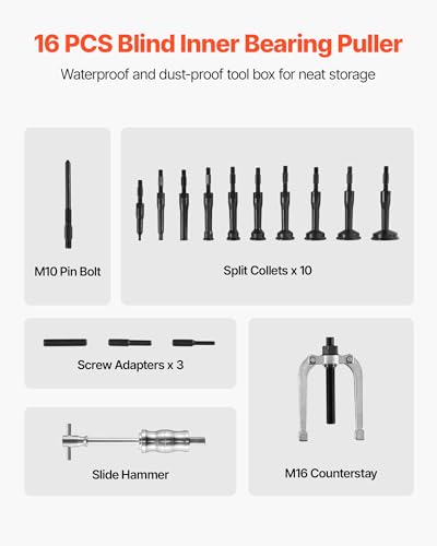 Image of VEVOR Blind Hole Bearing Puller Set, 16-in-1 Inner Bearing Race and Seal Extractor Kit, 16 PCS Slide Hammer Pilot Insert Inner Internal Bearing Removal Tool Set with 10 Split Collets and Counterstay