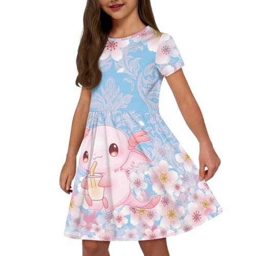 Uourmeti Girls A-Line Casual Dresses Short Sleeve Princess Dress with Pockets