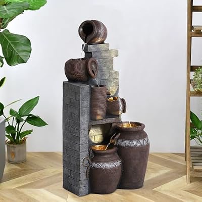 MAIBH Outdoor Water Fountain with LED Lights, UL Certified Resin Material, Natural Stone Appearance Waterfall, 5 Tiers Modern Cascading Large for Home Art Decor, Garden, Lawn and Patio (Gray)