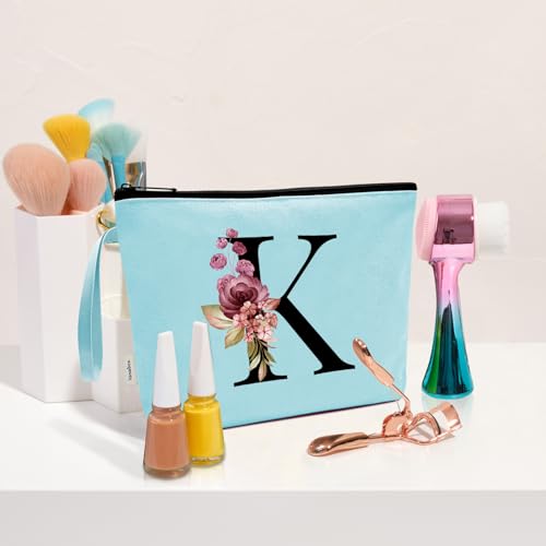 Image of Vavabox A-Z Personalized Makeup Bag, Birthday Gifts for Women Mom, Gifts for Best Friend, Bride Bridesmaid Cosmetic bag (K, Aqua)